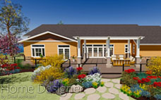 Photorealistic rendering of the rear exterior of a single-story home with a large outdoor living space. The image features an expansive deck with a covered patio, outdoor furniture, and vibrant, detailed landscaping in the foreground.