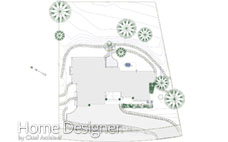 Overhead landscape design plan indicating a building footprint, pathways, planting areas, and contour lines to represent site topography.