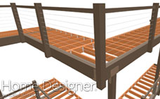 Detailed 3D rendering of a multi-level deck's sub-structure and railing system, showcasing the exposed wooden framing, posts, and modern cable railings, providing insight into the construction.