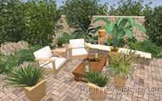 Photorealistic rendering of an inviting outdoor patio space, featuring paver flooring, comfortable seating, potted plants, and a rustic coffee table, surrounded by lush garden landscaping and a stone wall.