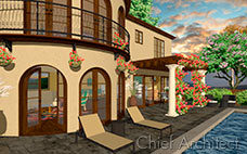 This is a 3D model of a beige stucco, Spanish style house, with trellis and chaise lounges next to pool.