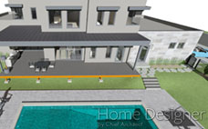 Elevated rear view rendering of a modern house, featuring an expansive deck with outdoor dining area, adjacent to a swimming pool. The contemporary architecture includes large windows and a covered patio area.