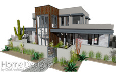 Three-quarter front perspective rendering of a modern desert-style home, featuring a combination of stucco and rusted metal facade elements, extensive glazing, and drought-tolerant landscaping including cacti and succulents.