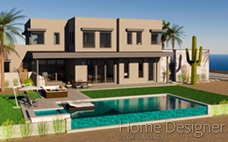 Sweeping rear view rendering of a modern, multi-story home with a luxury outdoor living area, featuring an infinity-edge swimming pool, extensive patio space with lounging furniture, and desert landscaping with palm trees and a large saguaro cactus.