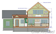This green house has been cut to show a section view elevation in the line-drawing style. It includes dimensions and callouts, and a kitchen and bathrooms inside.