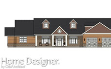 Architectural elevation drawing of the front of a traditional-style house, featuring wood siding, stone veneer, multiple gables with dormer windows, a covered porch with columns, and a three-car garage. Key dimensions for height are shown on the right side.