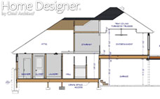 Architectural cross-section drawing of a two-story house, detailing the interior layout including a garage, laundry room, hall, shower, and various living spaces. The drawing shows the roof structure, including a tray ceiling, and indicates an attic space and a balcony.