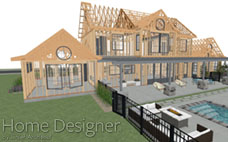 3D architectural rendering of a large, multi-gabled house in the framing stage, showing the wood skeletal structure. The image also includes a rendered outdoor living space with a covered patio, lounge chairs, a fire pit area with seating, and a swimming pool.