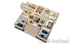 一个大型传统住宅的无屋顶顶视图，带有双面车库和环形车道设计。＂data-pagespeed-url-hash=