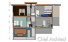 绘制多层房屋剖面图。这个例子是在一个倾斜的地块上，面积在一边，有一个客厅、厨房和卧室暴露在外。＂data-pagespeed-url-hash=