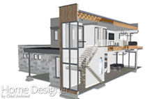 3D cutaway rendering of a modern two-story house with a flat roof, showcasing the interior design. Visible elements include a contemporary kitchen, living spaces, a staircase with glass railing, and a tall, multi-story wine rack. Exterior features include stone and wood paneling.