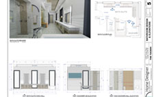 Architectural design sheet for a modern bathroom, featuring a 3D rendering of a spacious bath suite with a long double vanity, a large shower, and a separate sauna. The sheet also includes a floor plan and three detailed elevation drawings of the bathroom walls.