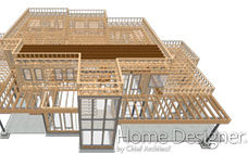 Top-down 3D rendering of a large, multi-level house in the framing stage, showing the complete wood truss and joist system for the roof and floors, as well as the initial structural elements of the walls.