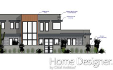 Vector-style architectural elevation drawing of the front of a modern desert home. The design features a mix of grey stucco, corrugated metal, and wood paneling, with large windows, horizontal banding, and desert landscaping including saguaro cacti and agave plants. Dimensions and material callouts are included.