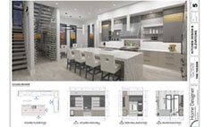 Architectural design sheet for a modern kitchen, featuring a 3D rendering of a spacious kitchen with a large island, contemporary cabinetry, and integrated appliances. The sheet also includes a floor plan and three detailed elevation drawings of the kitchen walls and island.