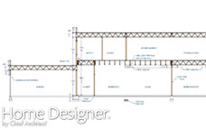 Architectural cross-section drawing of a multi-level house, detailing interior spaces such as a garage, various bedrooms, a living area, and an entertainment space. The drawing highlights floor and roof framing, ceiling heights, and structural support details like posts and footings.