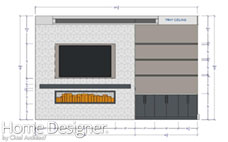 Detailed architectural elevation drawing of a modern living room wall. It features a wall-mounted television above a linear fireplace, with a textured accent wall behind it, and integrated shelving and cabinetry to the right. Dimensions for various elements are included.