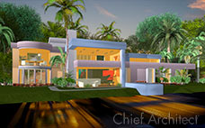 一座带有大玻璃窗的现代住宅，坐落在棕榈树环绕的湖面上，反射着夕阳的余晖。＂data-pagespeed-url-hash=