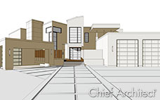 This contemporary mansion, with pavers and large windows, is rendered in yellow technical illustration line drawing style.