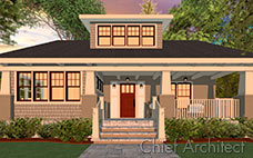 Sunset lighting hightlights a tan craftsman bungalow with a large porch and shed dormer.