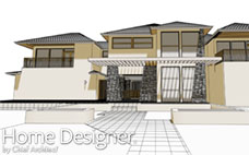 Technical wireframe rendering of a contemporary tropical residence, illustrating the architectural framework, large glass panels, and multi-level design, set within a simplified outdoor environment.