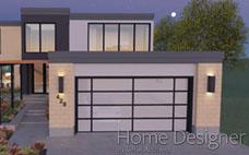 Architectural rendering of a modern house facade at dusk, featuring warm interior lighting, extensive dark-framed windows, and a combination of stucco and wood siding. The image highlights the contemporary design with strong horizontal lines and an inviting glow.