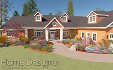 Photorealistic rendering of a traditional single-story home with a light yellow exterior, dark gray roof, and prominent white columns supporting a covered front porch. The inviting facade is surrounded by vibrant, colorful landscaping under a bright sky.