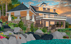 这栋三层楼高、黄褐色的木瓦房子有露台，俯瞰着岩石覆盖的山坡和一个池塘和鲜花旁边的凉亭。＂data-pagespeed-url-hash=