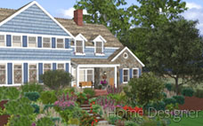 Artistic watercolor rendering of a residential landscape design, featuring a central pathway leading to a front door, surrounded by lush, painterly greenery and flowering shrubs in various shades of green, red, and purple, under a soft blue sky.