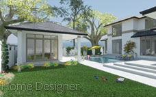 Exterior rendering of a contemporary hillside home with a multi-level design, featuring a large swimming pool and a prominent outdoor entertaining area. The architecture combines natural stone and stucco, with expansive windows offering panoramic views of the water and surrounding landscape.