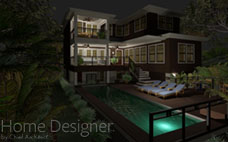 Evening photorealistic rendering of a luxury swimming pool with illuminated steps and surrounding patio area, viewed from a slightly elevated perspective. The pool reflects the serene night sky and warm glow from an unseen adjacent residence, creating an inviting atmosphere.