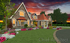A sunset scene of a stone manor house with copper roofs, bay window, gable dormers and gazebo surrounded by flowers.