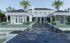 Elegant exterior rendering of a Southern Colonial house from the rear, showcasing a grand facade with columns and a symmetrical design. A sprawling backyard features a large, inviting swimming pool with ample patio space and classical landscaping, all under a clear blue sky.