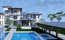 Exterior architectural rendering of a contemporary home with a large outdoor swimming pool and integrated hot tub, surrounded by lush tropical landscaping. The design features a patio with lounge chairs and a covered seating area, suggesting a resort-like ambiance.