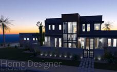 Nighttime architectural rendering of a modern desert residence, showcasing dramatic exterior lighting that accentuates its distinctive rusted metal and light stucco facade. The illuminated pathways and strategically lit landscaping, including a prominent saguaro cactus, create a striking nocturnal presence.