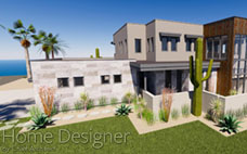 Exterior rendering of a contemporary desert-style home with a distinct blend of rusted metal panels and light-colored stucco. The multi-level design features prominent windows and a minimalist landscape, including a large saguaro cactus, complementing the arid environment.