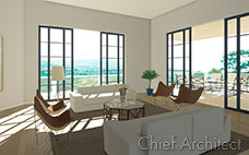 Modern white living room with white sofas and brown chairs, black sliding doors, balcony seating overlooks the forest