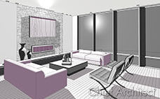 This technical illustration line-drawing of a purple and grey contemporary living room has two sofas and chairs facing the fireplace.