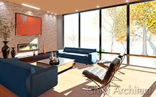 A stone fireplace wall in the living room with wood floor, blue sofas, black designer chairs, and wall of windows.