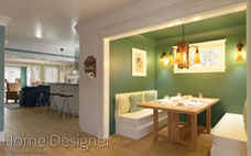 Interior rendering of a cozy Craftsman-style dining nook, featuring a built-in banquette with cushions, a wooden dining table, and a rustic chandelier. The warm green walls and architectural trim are characteristic of the style.