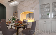 Interior rendering of a luxurious dining room featuring a prominent fireplace with a striking marble-patterned surround and an active firebox. The space is set with a dining table and chairs, illuminated by a modern chandelier, and includes a built-in white display cabinet.