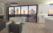 Interior rendering of an open-concept living room and kitchen area with large sliding glass doors opening to an outdoor pool area at sunset. The living space features a modern fireplace, white sofa, and dark chairs, while the kitchen has white cabinetry and a quartz countertop.