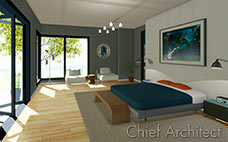 灰色墙壁、木地板、蓝色月台床、休息区和玻璃可伸缩折叠门的主卧室通风舒适。＂data-pagespeed-url-hash=