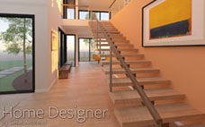 Interior rendering of a bright and modern entryway with a prominent floating staircase featuring wooden treads and cable railings. A large abstract artwork adorns an orange accent wall, and expansive windows provide views to the exterior.