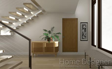 Interior rendering of a modern entryway and staircase, showcasing floating wooden treads with minimalist metal railings. The space is accentuated by a console table with a plant, a decorative artwork, and tall windows providing natural light.
