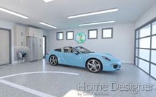 Interior rendering of a well-appointed modern garage, featuring a light blue sports car as the centerpiece. The space includes ample overhead lighting, storage cabinets, a workbench with tools, and clean, light-colored walls and flooring.