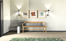Interior rendering of a modern entryway, featuring a light wood bench with a houndstooth cushion, three framed abstract artworks, and two sconces casting upward light. A tall white vase with branches stands beside the bench, on a patterned green rug.
