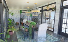 Photorealistic rendering of a sunroom-style dining room filled with lush green plants, creating a botanical aesthetic. The space features a long dining table, upholstered chairs, a bench, and a brick accent wall, with natural light filtering through large windows.