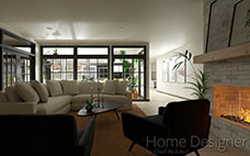 Interior rendering of a spacious and contemporary living room, featuring a large sectional sofa, dark armchairs, a coffee table, and a brick fireplace. Expansive black-framed windows overlook an outdoor patio and bring natural light into the space.