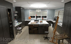 Interior rendering of a well-organized and fully equipped hobby room or art studio, featuring extensive dark wood cabinetry for storage, a central island work surface, and designated areas for crafting and painting, illuminated by overhead lighting.